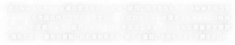 「真のNo.1セクシー女優は誰なのか?」という疑問に答えを出すべく、DMMが扱う全メーカー/全作品の売り上げデータを元に、上位のセクシー女優をノミネート。DMMユーザーの投票により、真のナンバーワンを決定します。2015年は最優秀女優賞に湊莉久さん、優秀女優賞に白石茉莉奈さん、新人女優賞に天使もえさんが輝きました