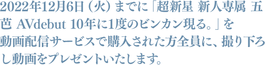 2022年12月6日（火）までに「超新星 新人専属 五芭 AVdebut 10年に1度のビンカン現る。」を 動画配信サービスで購入された方全員に、撮り下ろし動画をプレゼントいたします。